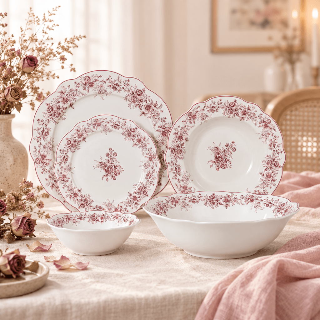 Almina Rosemont - Porcelæn tallerkensæt - 25 Dele | 6 Personer | Velourrød - Løven Home