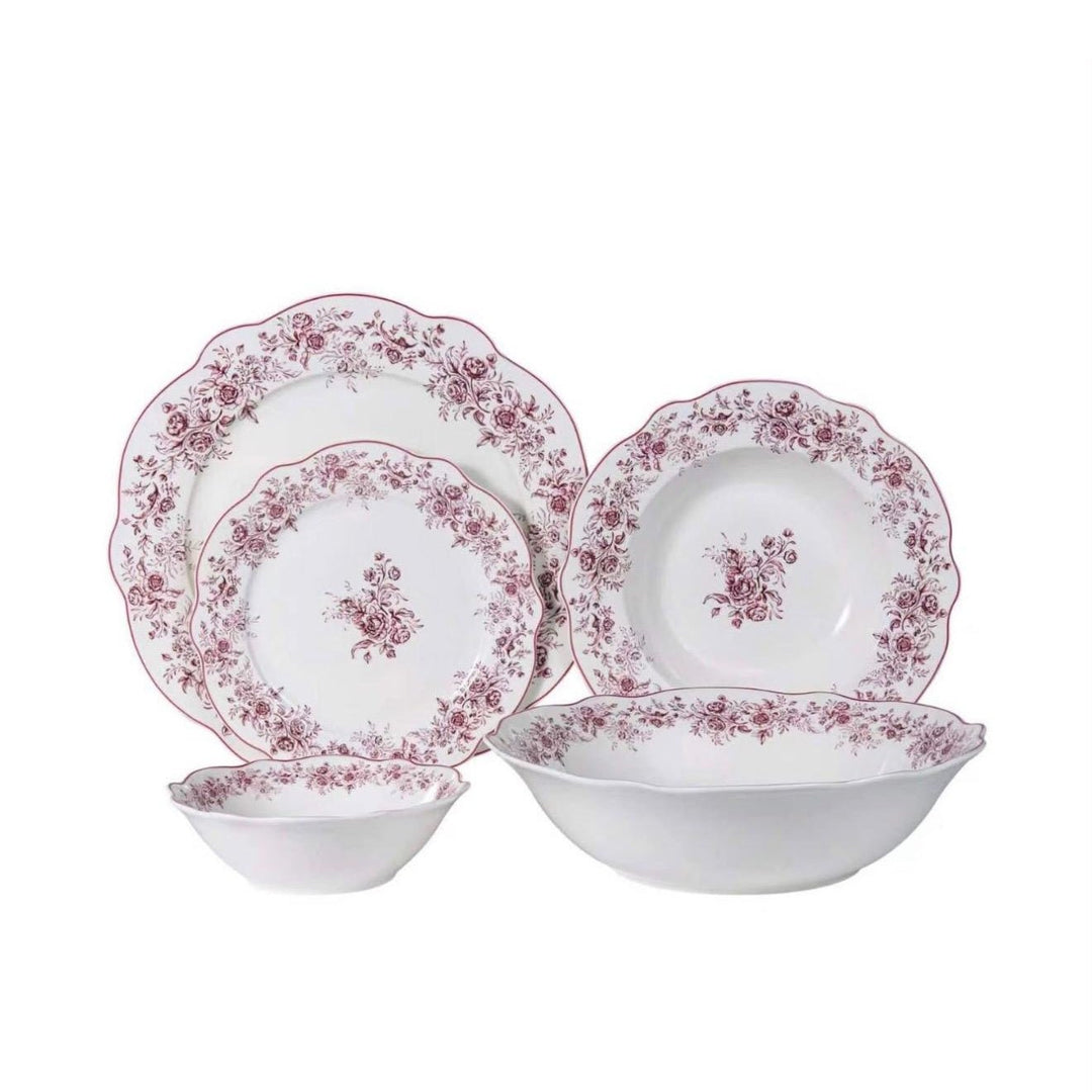 Almina Rosemont - Porcelæn tallerkensæt - 25 Dele | 6 Personer | Velourrød - Løven Home