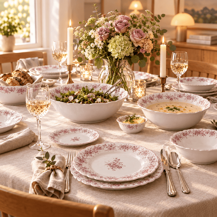 Almina Rosemont - Porcelæn tallerkensæt - 25 Dele | 6 Personer | Velourrød - Løven Home