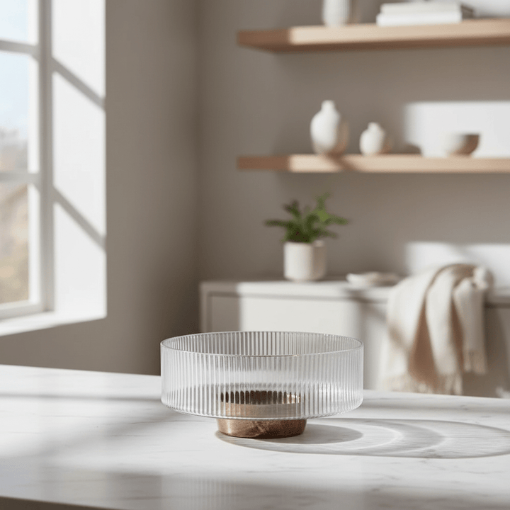 Almina - Terra Bowl Grande glasskål på træfod - 26 x 11 cm | Glas/akacietræ | Klar/brun - Løven Home