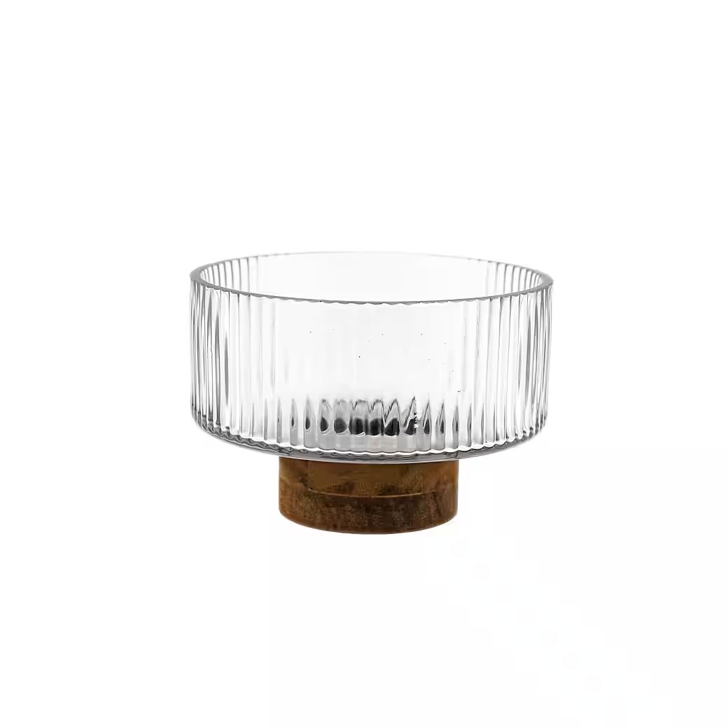 Almina - Terra Bowl Medio glasskål på træfod - Ø14 cm | Glas/akacietræ | Klar/brun - Løven Home