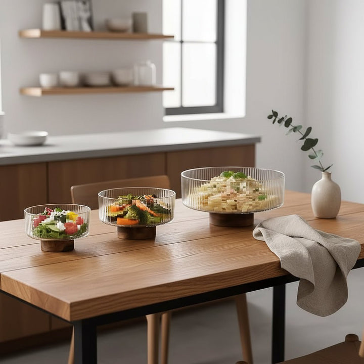 Almina - Terra Bowl Medio glasskål på træfod - Ø14 cm | Glas/akacietræ | Klar/brun - Løven Home