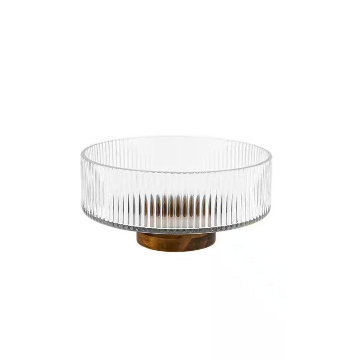 Almina - Terra Bowl Piccola glasskål på træfod - Ø20 cm | Glas/akacietræ | Klar/brun - Løven Home