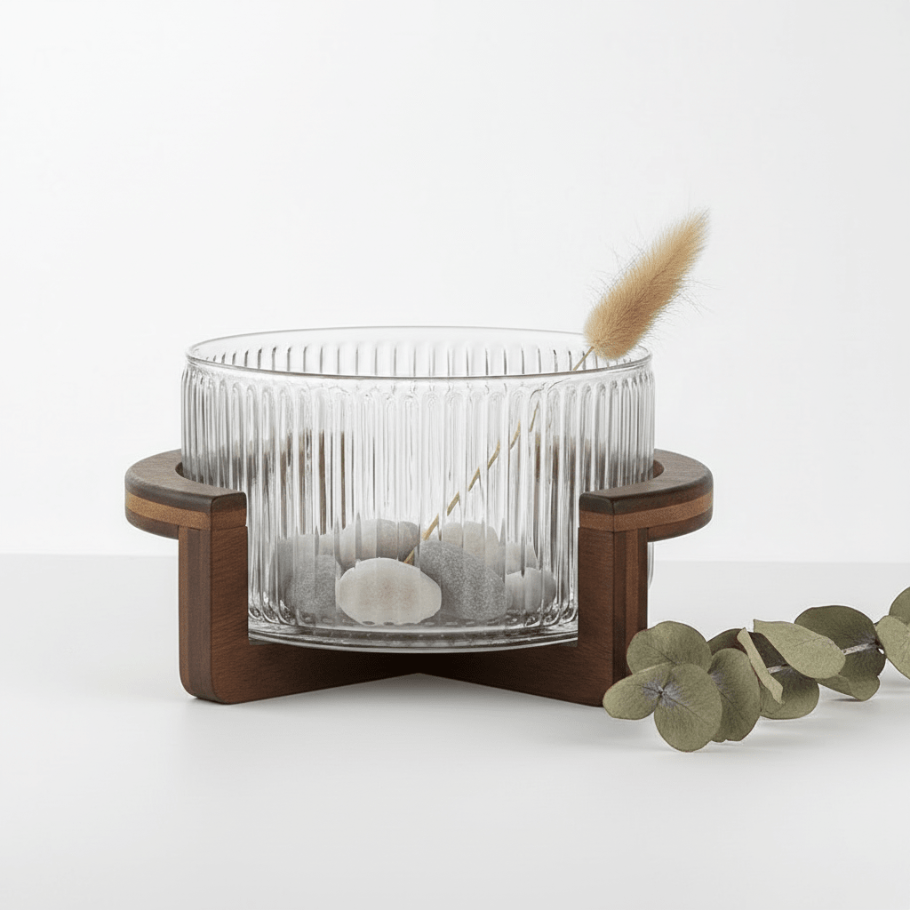 Almina - Terra Vetro Medio glasskål m/træstativ – Ø24 cm | Glas/akacietræ | Klar/brun - Løven Home