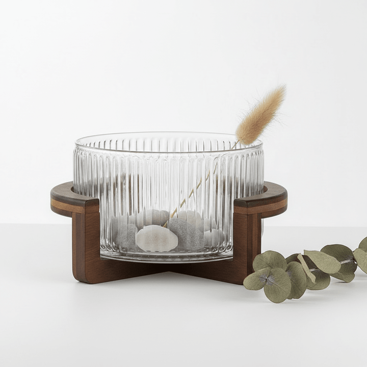 Almina - Terra Vetro Medio glasskål m/træstativ – Ø24 cm | Glas/akacietræ | Klar/brun - Løven Home