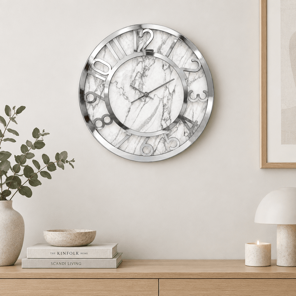 Almina - Vægur - 40 cm | Hvid/sølv marmorlook - Løven Home
