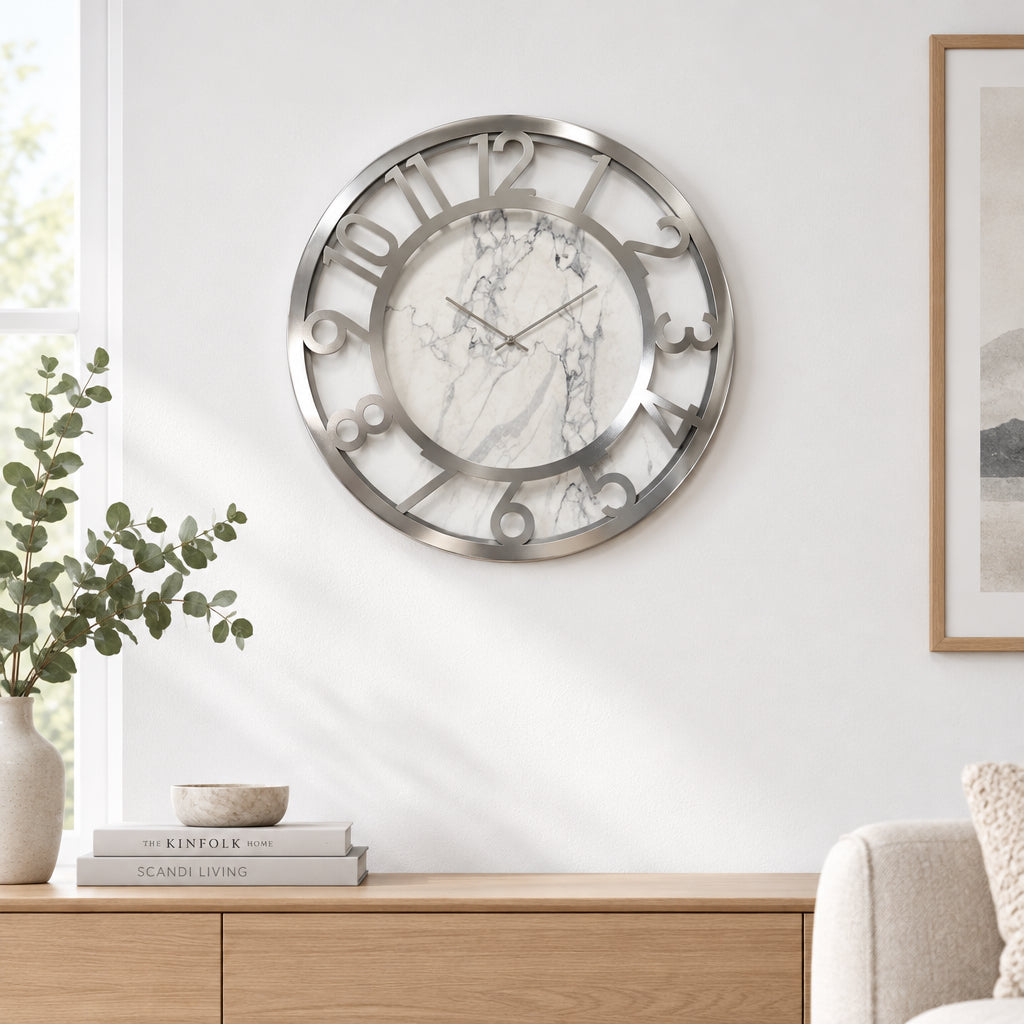 Almina - Vægur - 40 cm | Hvid/sølv marmorlook - Løven Home