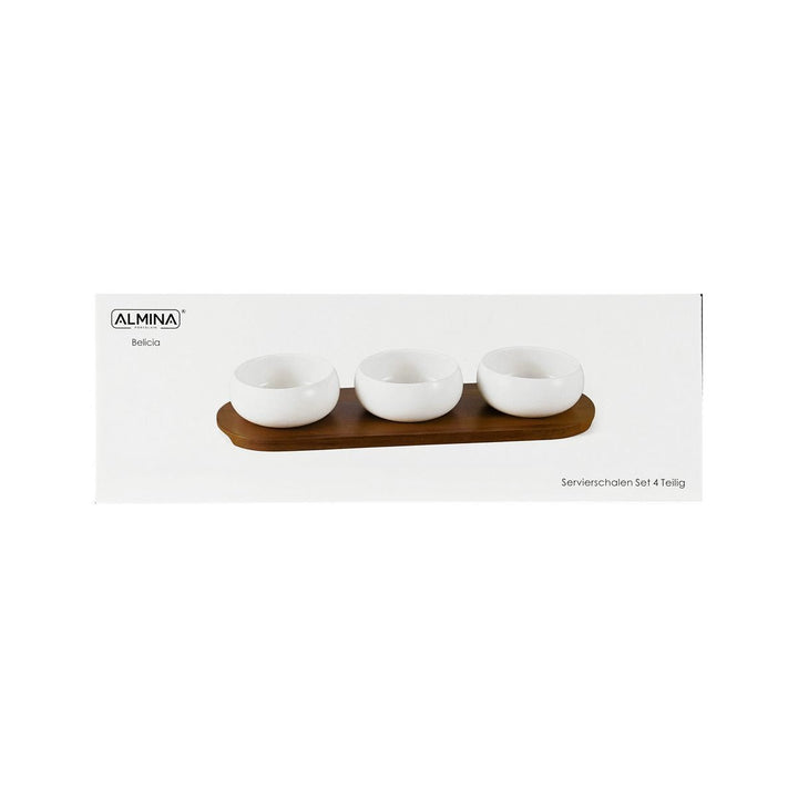 Belicia snackskåle sæt i porcelæn m/træbræt 32x11 cm (4 dele) - Løven Home