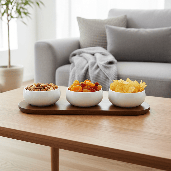Belicia snackskåle sæt i porcelæn m/træbræt 32x11 cm (4 dele) - Løven Home