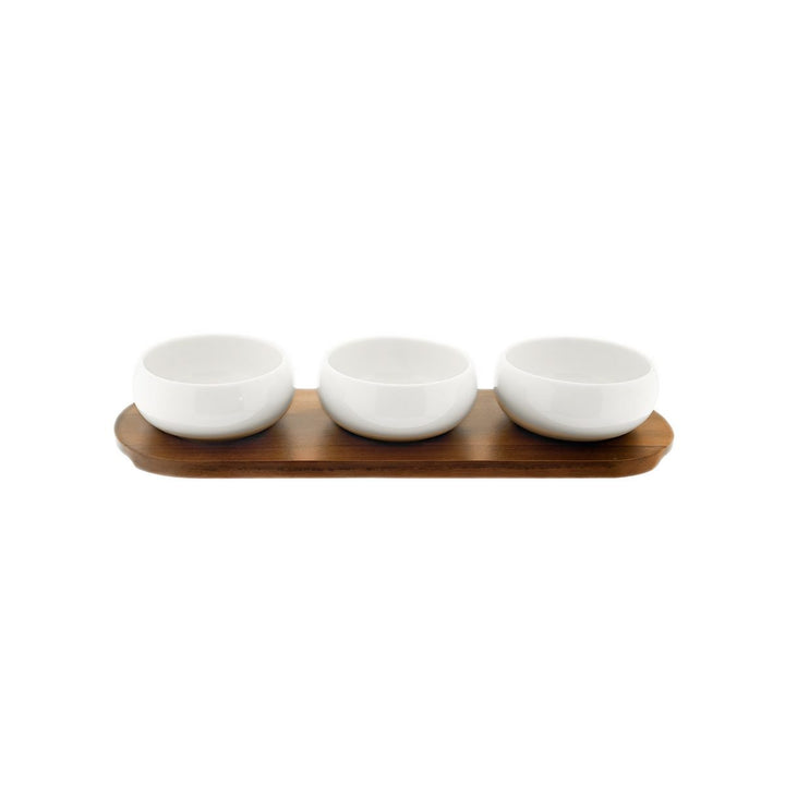 Belicia snackskåle sæt i porcelæn m/træbræt 32x11 cm (4 dele) - Løven Home