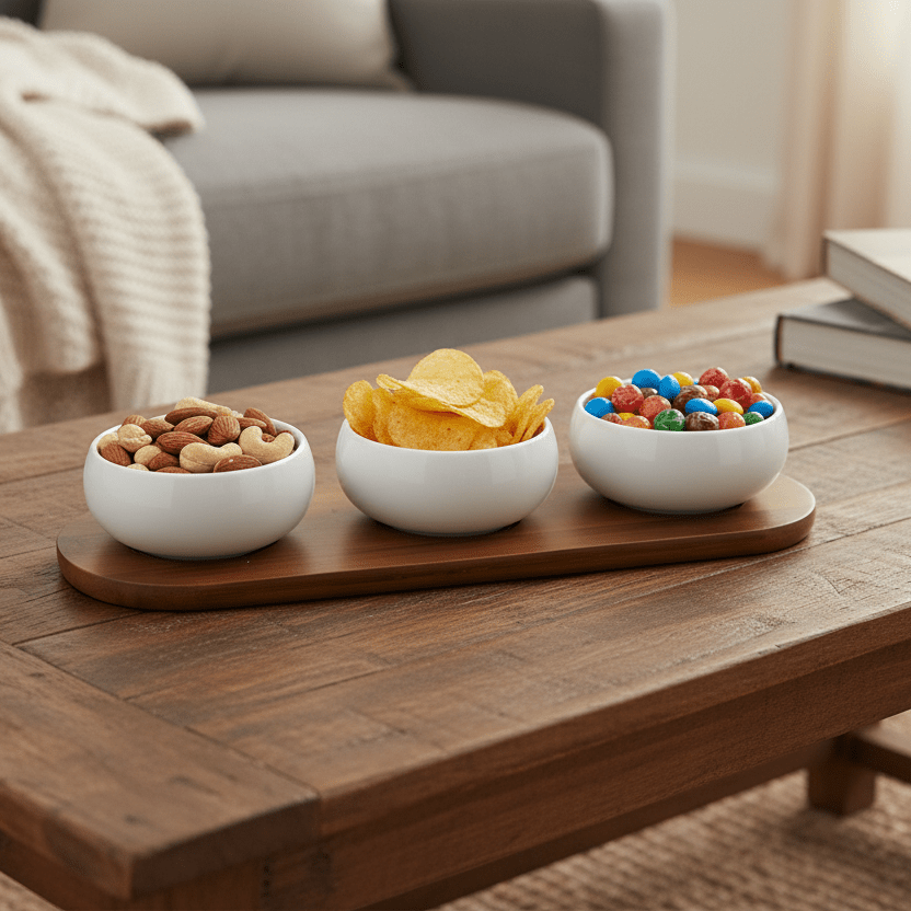 Belicia snackskåle sæt i porcelæn m/træbræt 37x12 cm (4 dele) - Løven Home