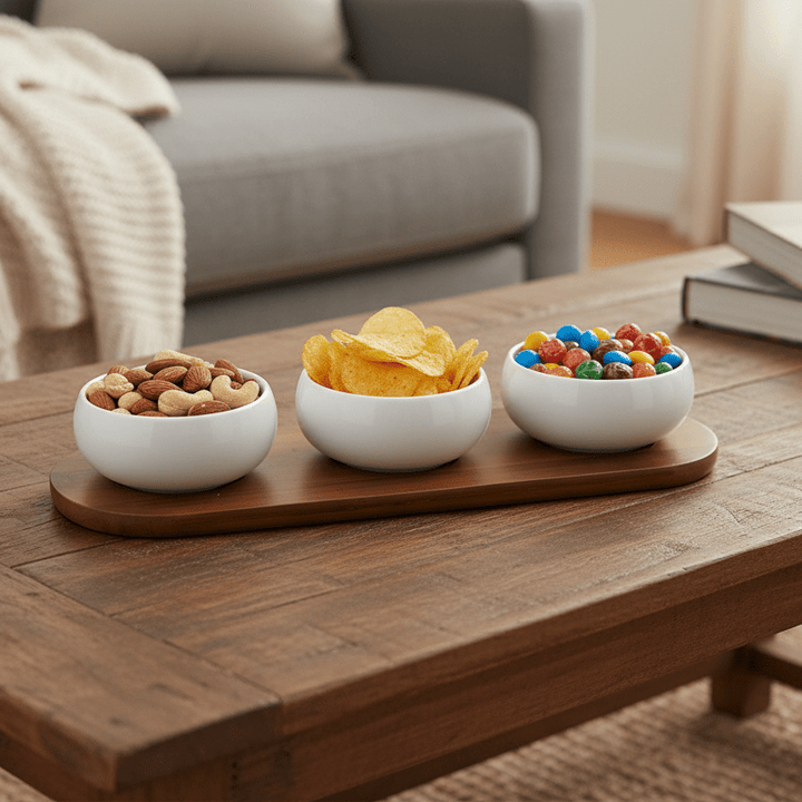 Belicia snackskåle sæt i porcelæn m/træbræt 37x12 cm (4 dele) - Løven Home