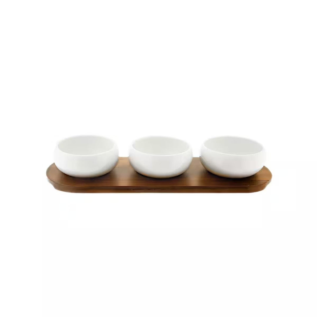 Belicia snackskåle sæt i porcelæn m/træbræt 37x12 cm (4 dele) - Løven Home