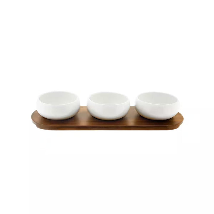 Belicia snackskåle sæt i porcelæn m/træbræt 37x12 cm (4 dele) - Løven Home