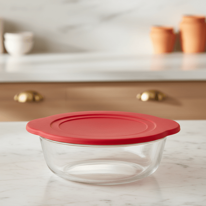 Borcam rund glas ovnform m/rødt låg (2100 ml) - Løven Home