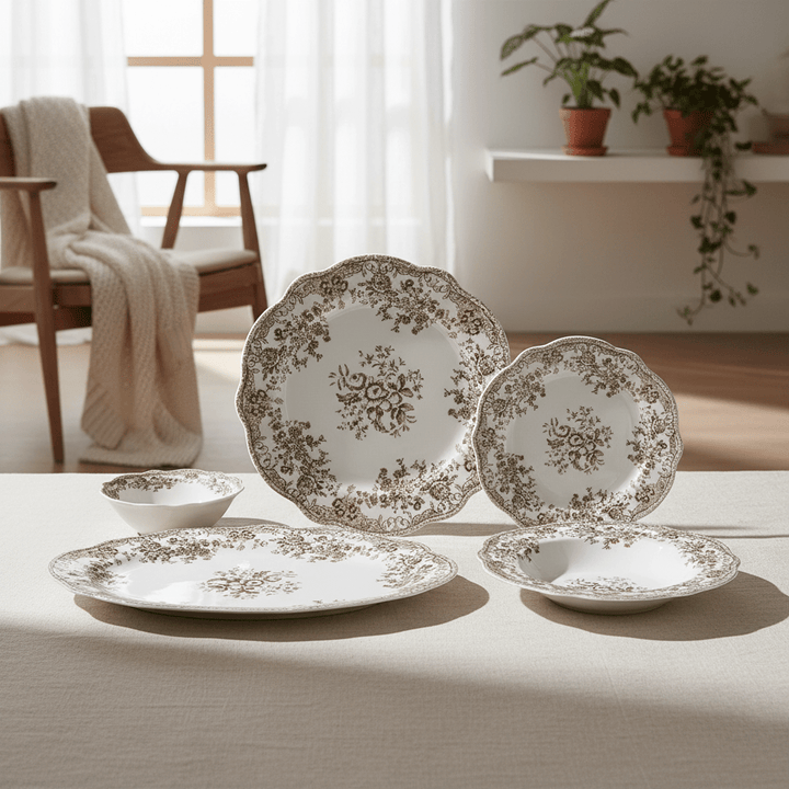 Bricard Fleury - Porcelæn tallerkensæt - 25 Dele | 6 Personer | Brun - Løven Home
