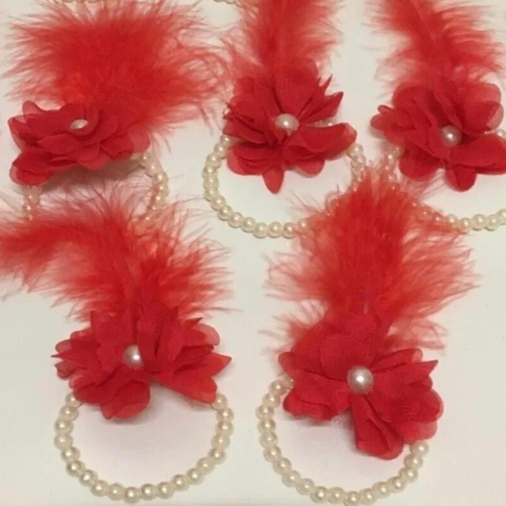 Brudepige Perle/Fjer Armbånd 10 Stk. Rød/Grøn/Burgundy/ Off White - Løven Home