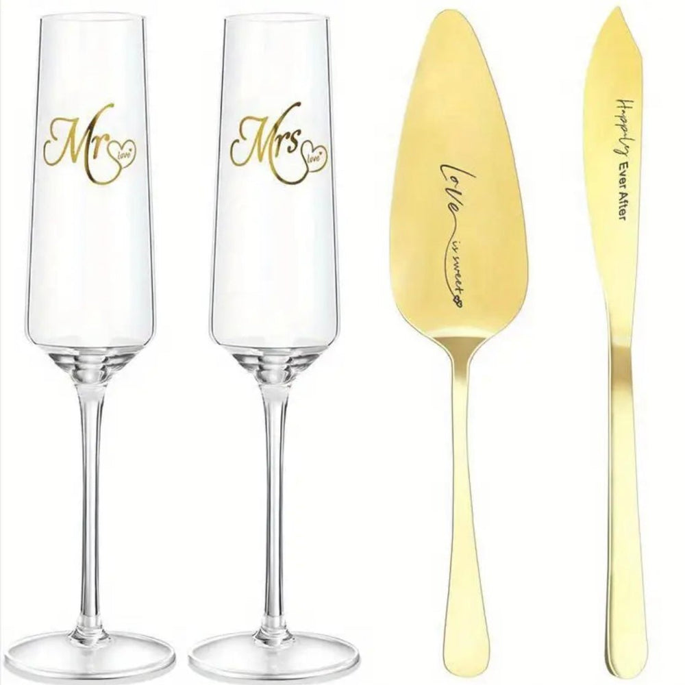 Bryllups Champagneglas - og Kagesæt m/Indgravering | 4 Dele | 175 ml. | Guld - Løven Home