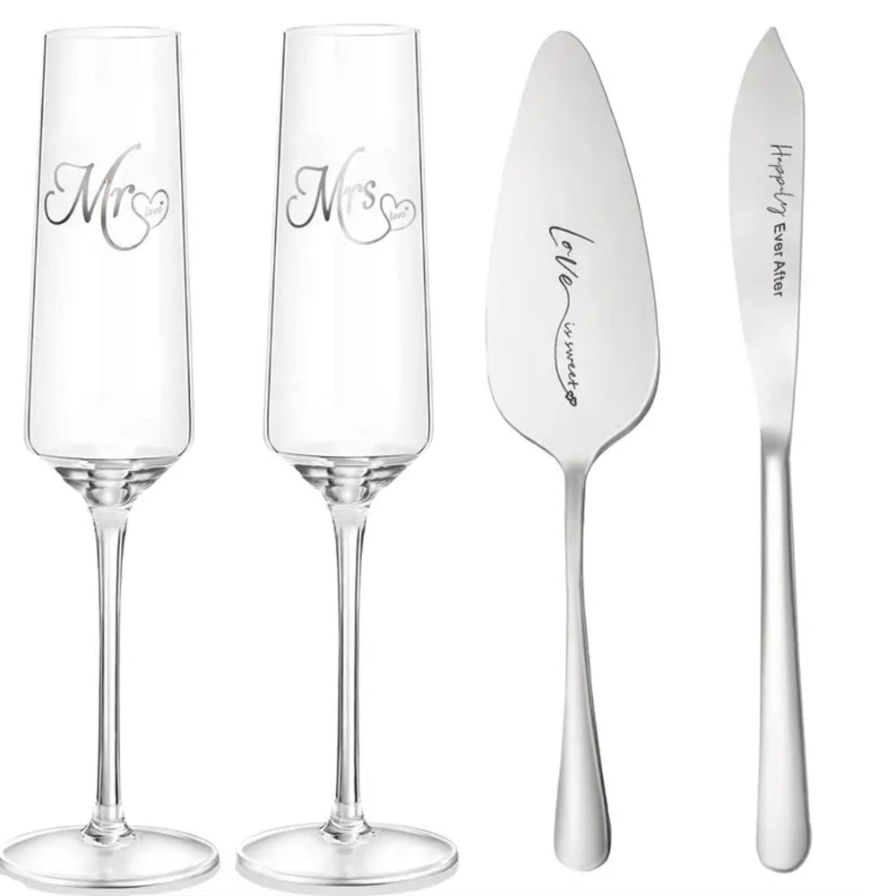 Bryllups Champagneglas - og Kagesæt m/Indgravering | 4 Dele | 175 ml. | Sølv - Løven Home