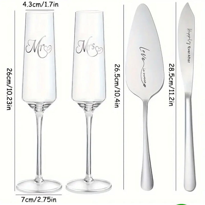 Bryllups Champagneglas - og Kagesæt m/Indgravering | 4 Dele | 175 ml. | Sølv - Løven Home