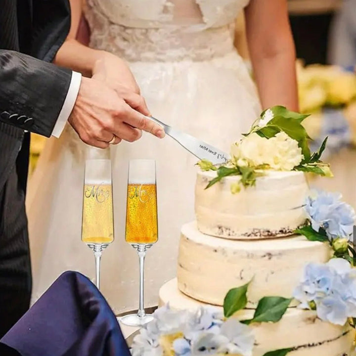 Bryllups Champagneglas - og Kagesæt m/Indgravering | 4 Dele | 175 ml. | Sølv - Løven Home