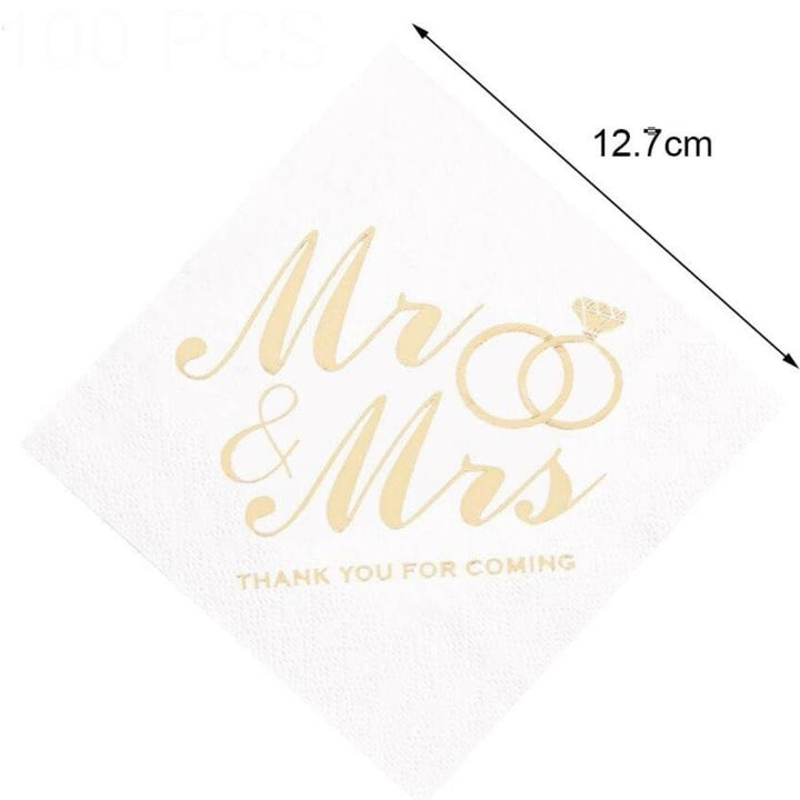 Bryllupsservietter 100 stk. 13x13 cm - Mr &amp; Mrs - Hvid/Guld - Løven Home