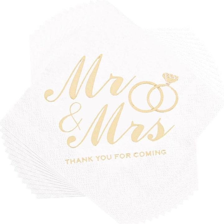 Bryllupsservietter 100 stk. 13x13 cm - Mr &amp; Mrs - Hvid/Guld - Løven Home