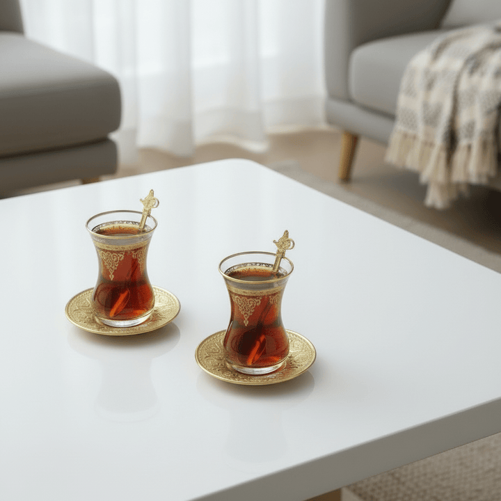 Dalgic 718/2A Tesæt i Guld | 18 dele | Glas/Metal - Løven Home