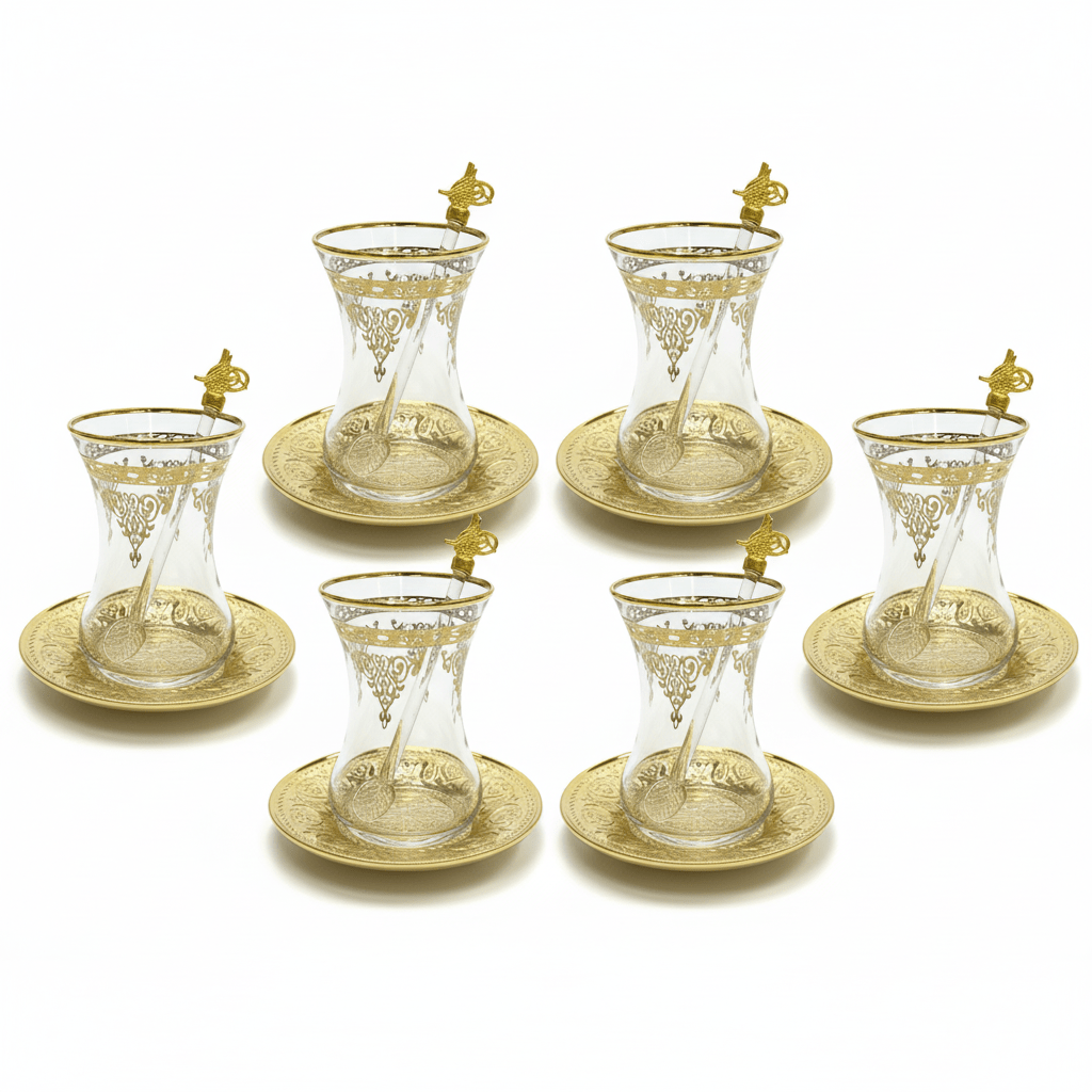 Dalgic 718/2A Tesæt i Guld | 18 dele | Glas/Metal - Løven Home