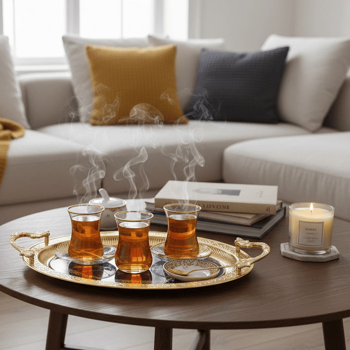 Dalgic Serveringsbakke – Oval Sølv med Glas og Guldhåndtag - 40x27 cm - Løven Home