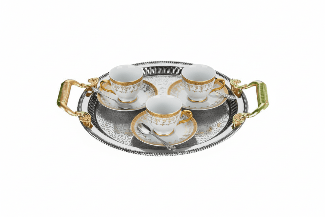 Dalgic Serveringsbakke – Rund Sølv med Guldhåndtag (30 cm) - Løven Home