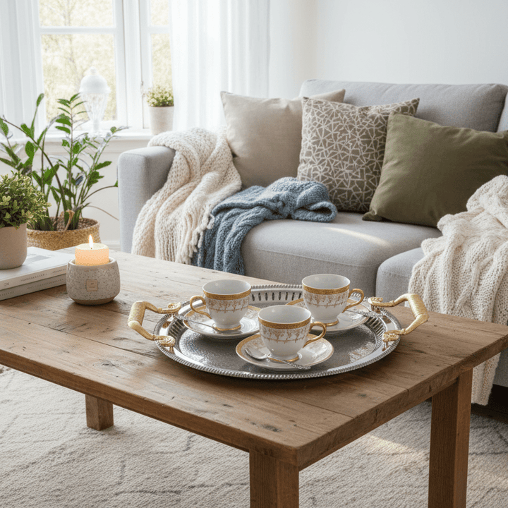 Dalgic Serveringsbakke – Rund Sølv med Guldhåndtag (30 cm) - Løven Home