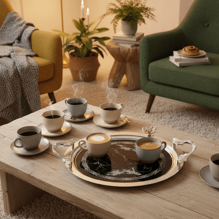 Dalgic Sølvfarvet Serveringsbakke – Rund med Glas (30 cm) - Løven Home