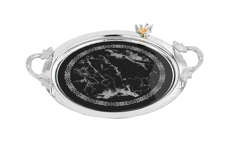 Dalgic Sølvfarvet Serveringsbakke – Rund med Glas (35 cm) - Løven Home