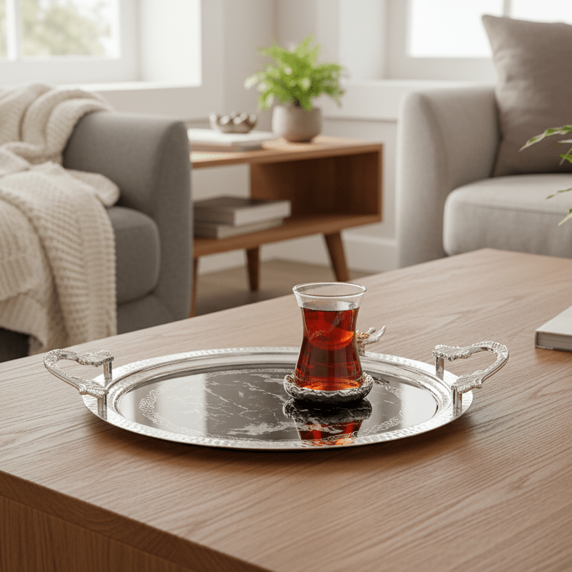 Dalgic Sølvfarvet Serveringsbakke – Rund med Glas (35 cm) - Løven Home