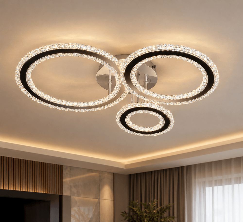 Elegant LED loftlampe med krystaller – 3 ringe - Løven Home