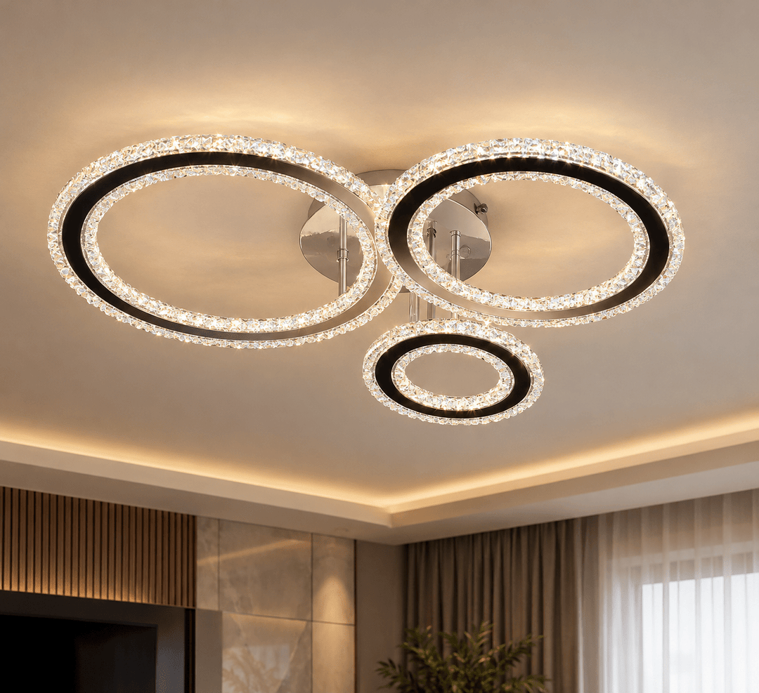 Elegant LED loftlampe med krystaller – 3 ringe - Løven Home