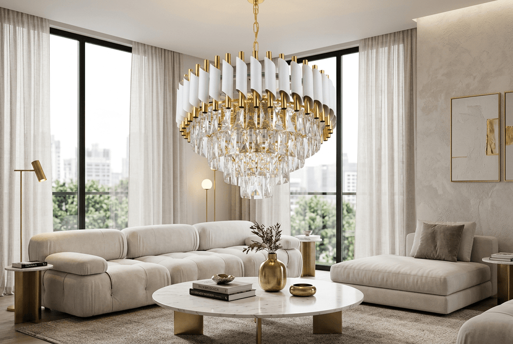 Elegant Loftlampe med Krystaller – Guld & Hvid | 50 Cm - Løven Home