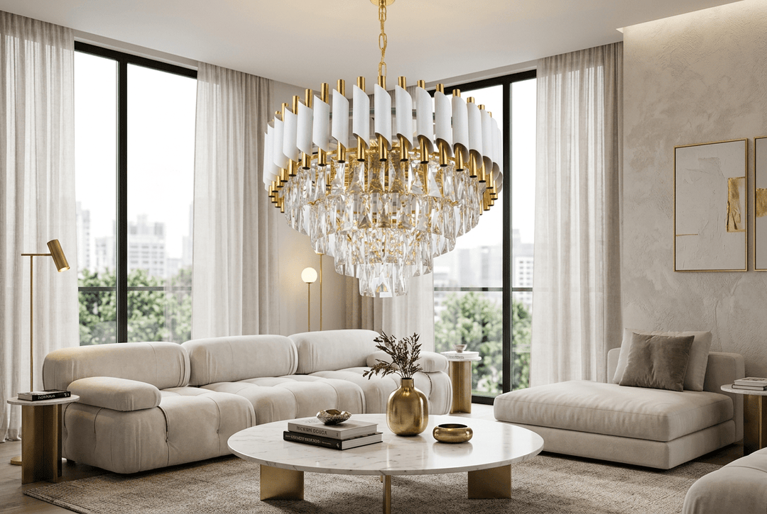 Elegant Loftlampe med Krystaller – Guld &amp; Hvid | 50 Cm - Løven Home