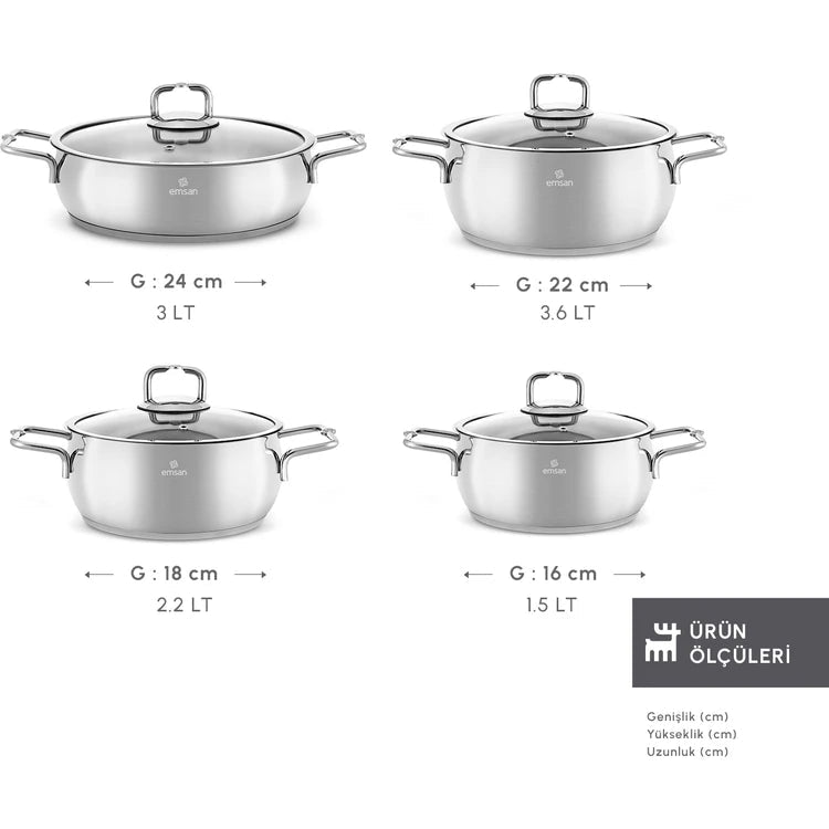 Emsan - Emirgan Grydesæt - Rustfrit Stål | 8 Dele - Løven Home