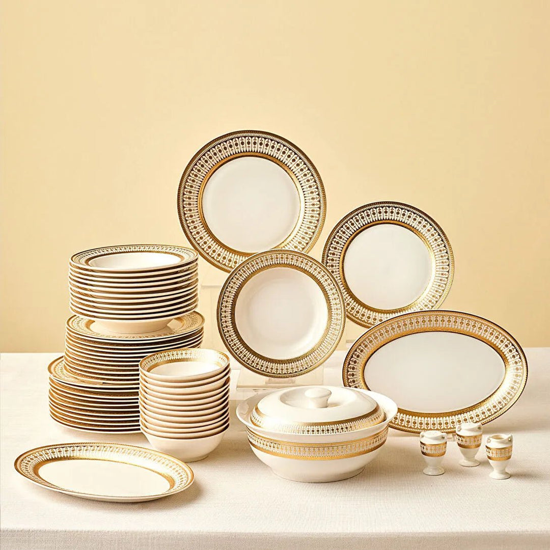 Emsan - Empire Bone Imperial Spisestel - Porcelæn | 55 dele | 12 personer | Hvid/Guld - Løven Home