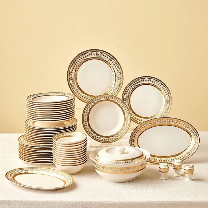Emsan - Empire Bone Imperial Spisestel - Porcelæn | 55 dele | 12 personer | Hvid/Guld - Løven Home