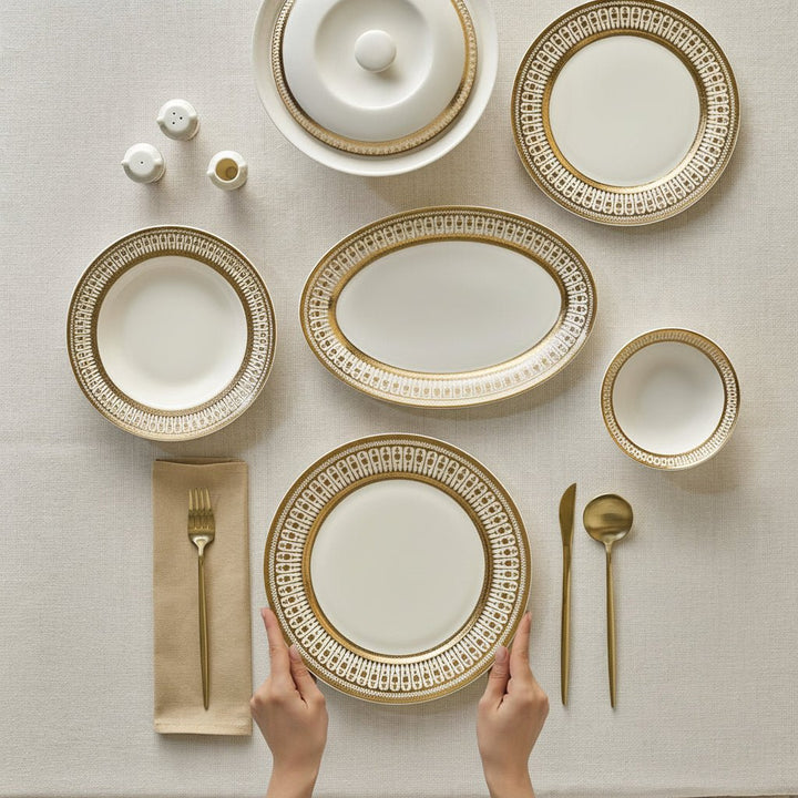 Emsan - Empire Bone Imperial Spisestel - Porcelæn | 55 dele | 12 personer | Hvid/Guld - Løven Home
