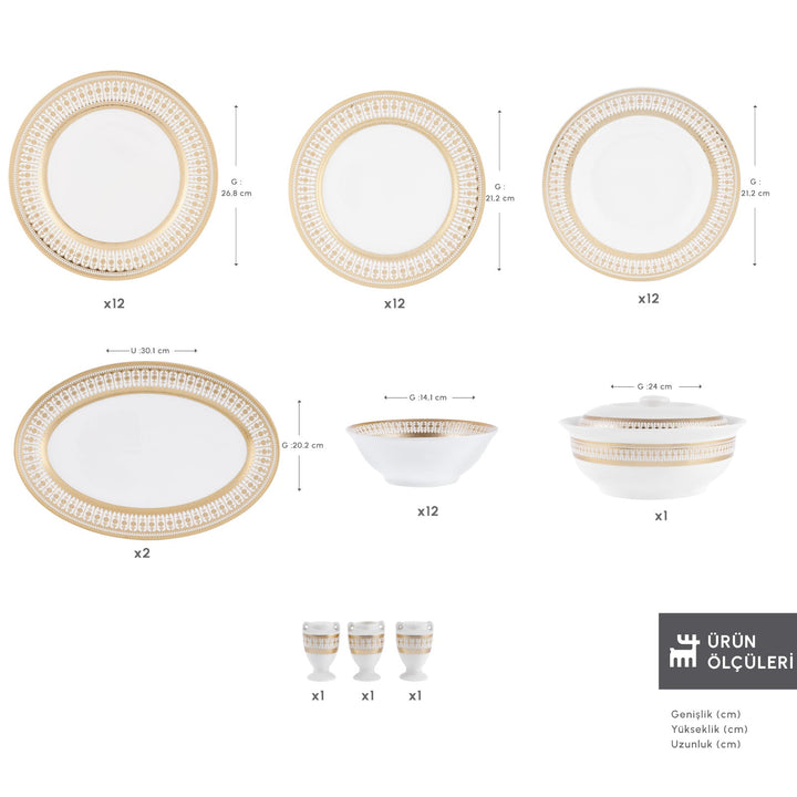 Emsan - Empire Bone Imperial Spisestel - Porcelæn | 55 dele | 12 personer | Hvid/Guld - Løven Home