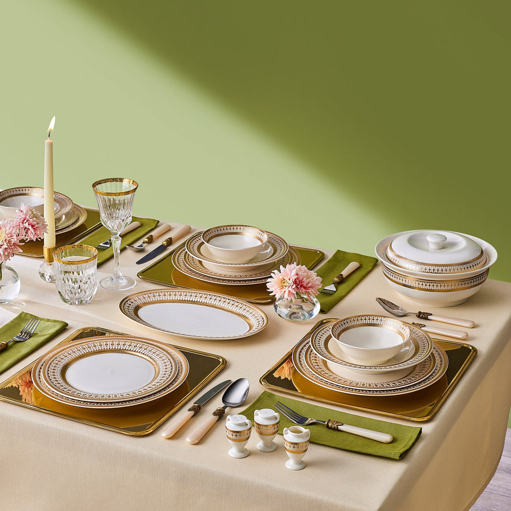 Emsan - Empire Bone Imperial Spisestel - Porcelæn | 55 dele | 12 personer | Hvid/Guld - Løven Home