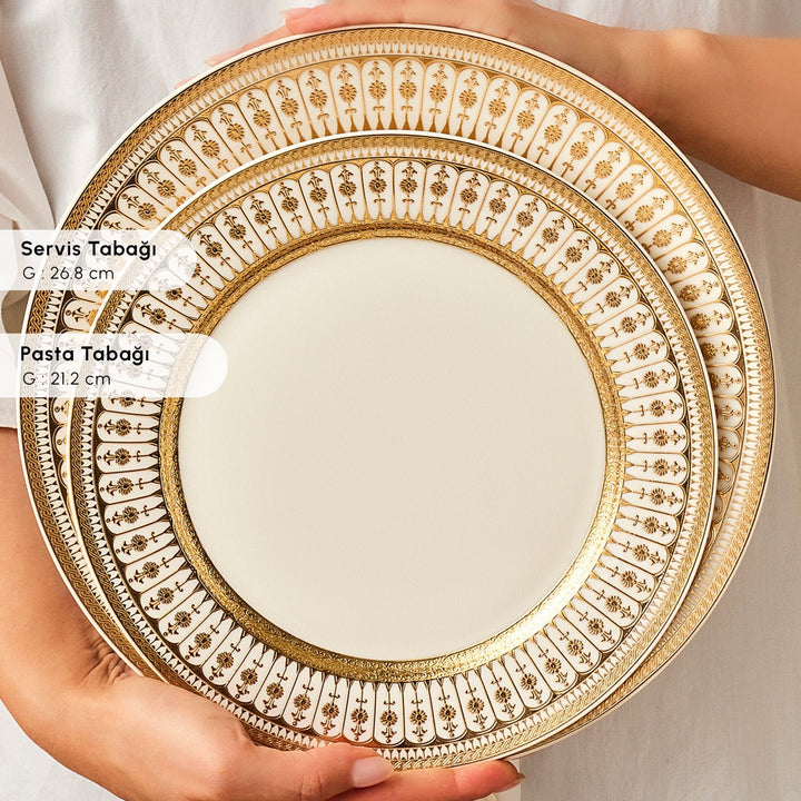 Emsan - Empire Bone Imperial Spisestel - Porcelæn | 55 dele | 12 personer | Hvid/Guld - Løven Home
