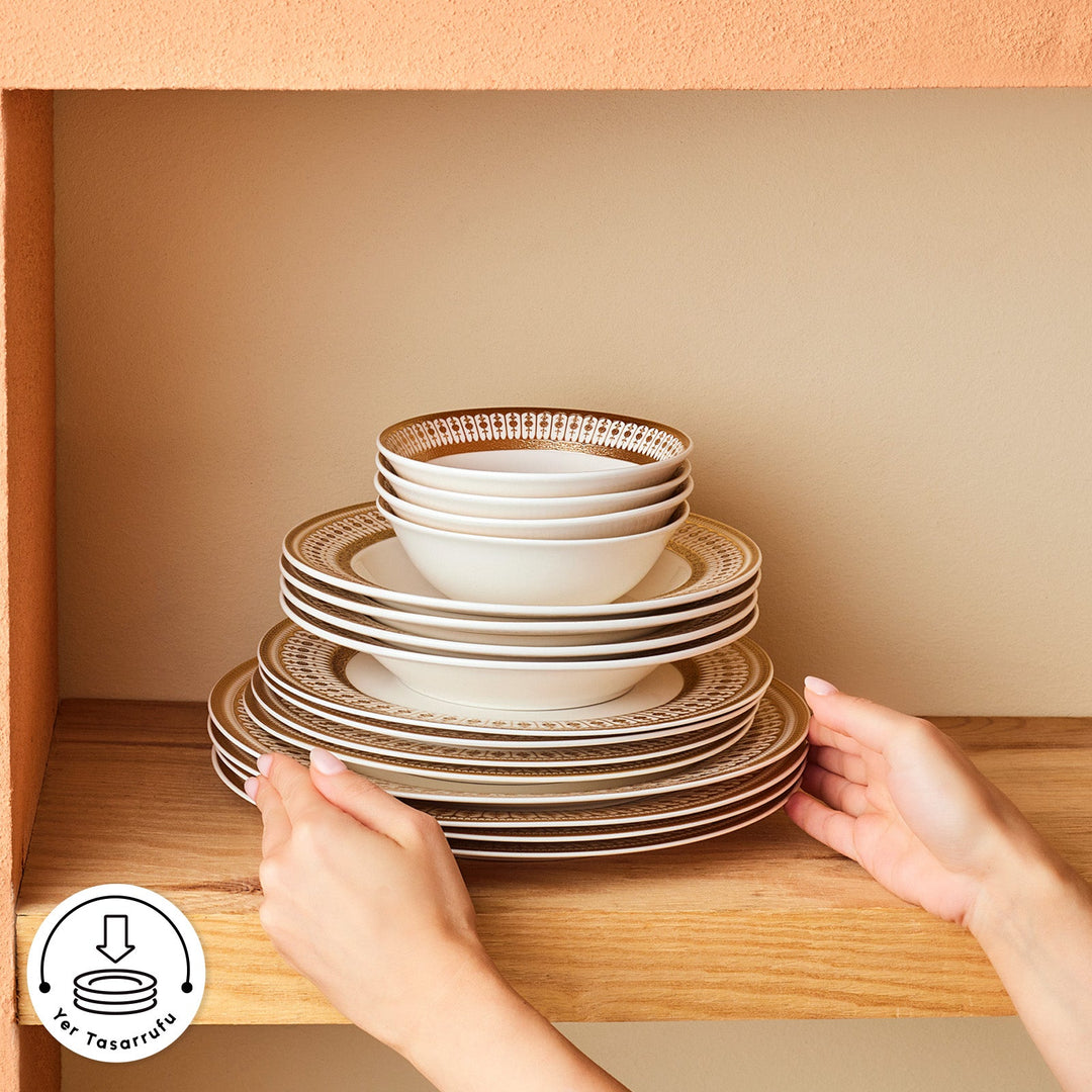 Emsan - Empire Bone Imperial Spisestel - Porcelæn | 55 dele | 12 personer | Hvid/Guld - Løven Home