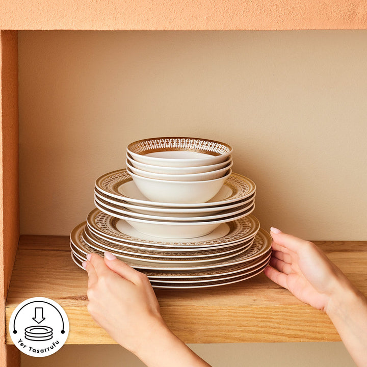 Emsan - Empire Bone Imperial Spisestel - Porcelæn | 55 dele | 12 personer | Hvid/Guld - Løven Home
