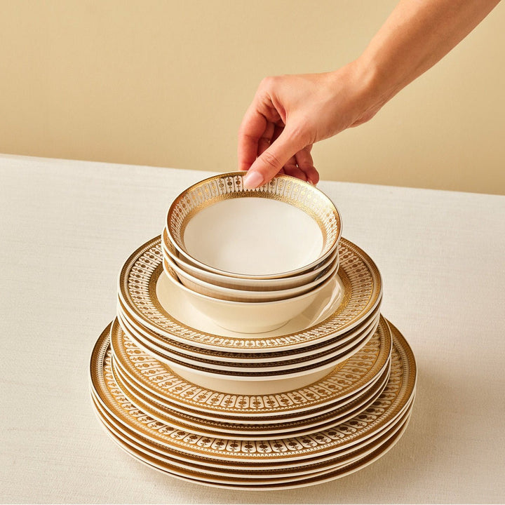 Emsan - Empire Bone Imperial Spisestel - Porcelæn | 55 dele | 12 personer | Hvid/Guld - Løven Home