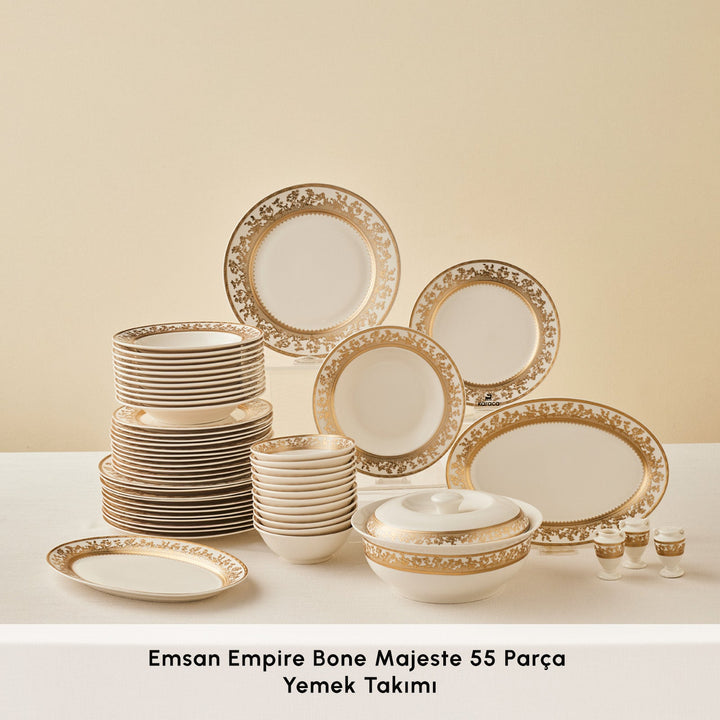 Emsan Empire Bone Majeste - Gold - 55 Dele - 12 Personers Spisestel - Løven Home
